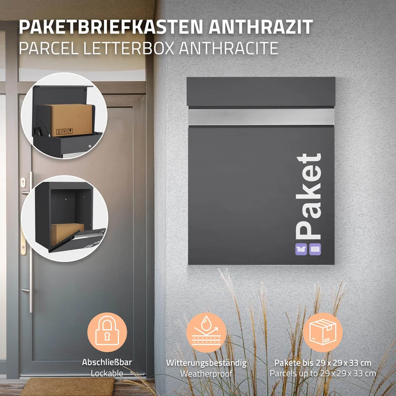Paketbriefkasten aus Stahl optional mit Ständer inkl. 2 Schlüssel