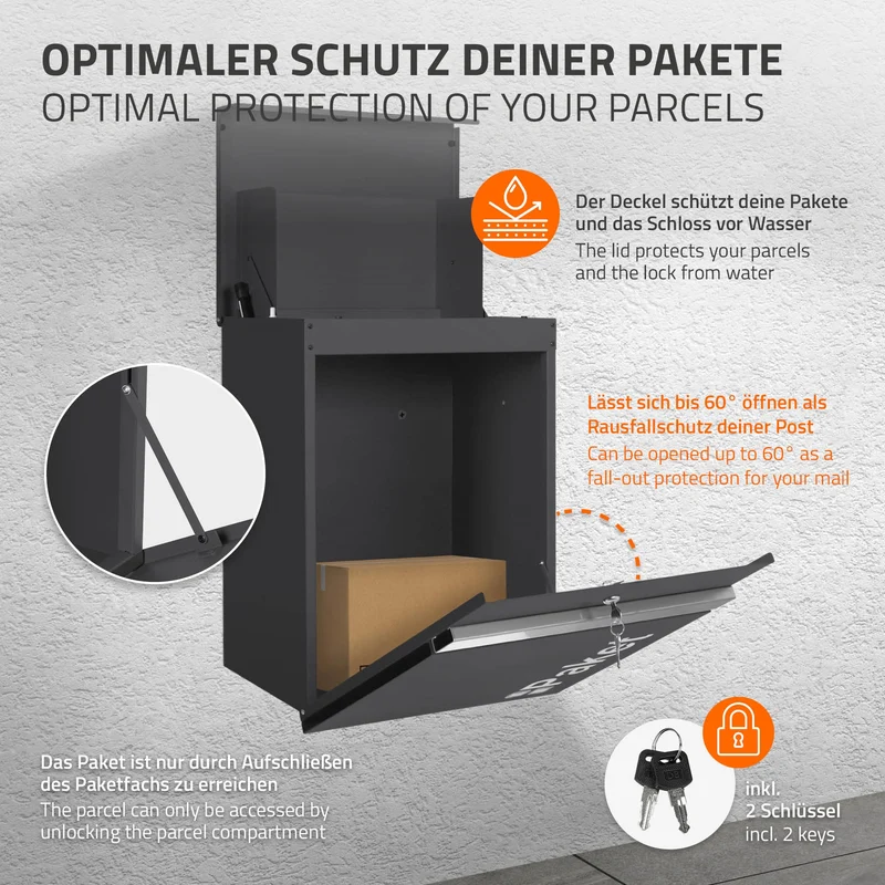 Paketbriefkasten aus Stahl optional mit Ständer inkl. 2 Schlüssel