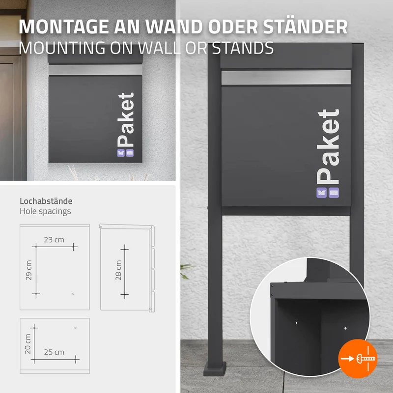 Paketbriefkasten aus Stahl optional mit Ständer inkl. 2 Schlüssel