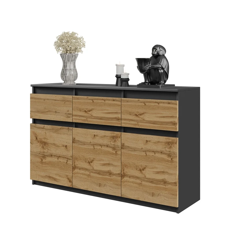 NOAH - Kommode / Sideboard mit 3 Schubladen und 3 Türen - Anthrazit Grau / Wotan Eiche H75cm B120cm T35cm