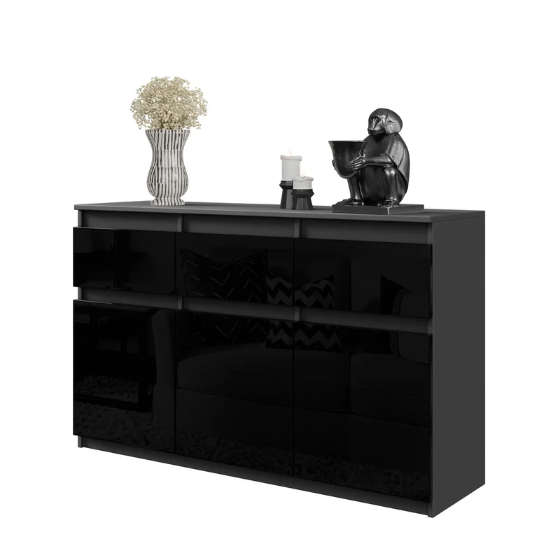 NOAH - Kommode / Sideboard mit 3 Schubladen und 3 Türen - Anthrazit Grau / Schwarz Gloss H75cm B120cm T35cm