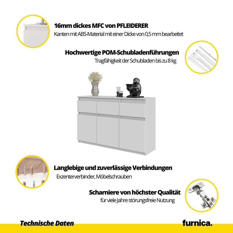 NOAH - Kommode / Sideboard mit 3 Schubladen und 3 Türen - Anthrazit Grau / Schwarz Gloss H75cm B120cm T35cm