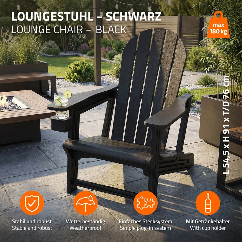 Gartenstuhl Adirondack Stuhl Sonnenstuhl wetterfest aus HDPE Kunststoff bis 180 kg Schwarz Gartensessel ML-Design
