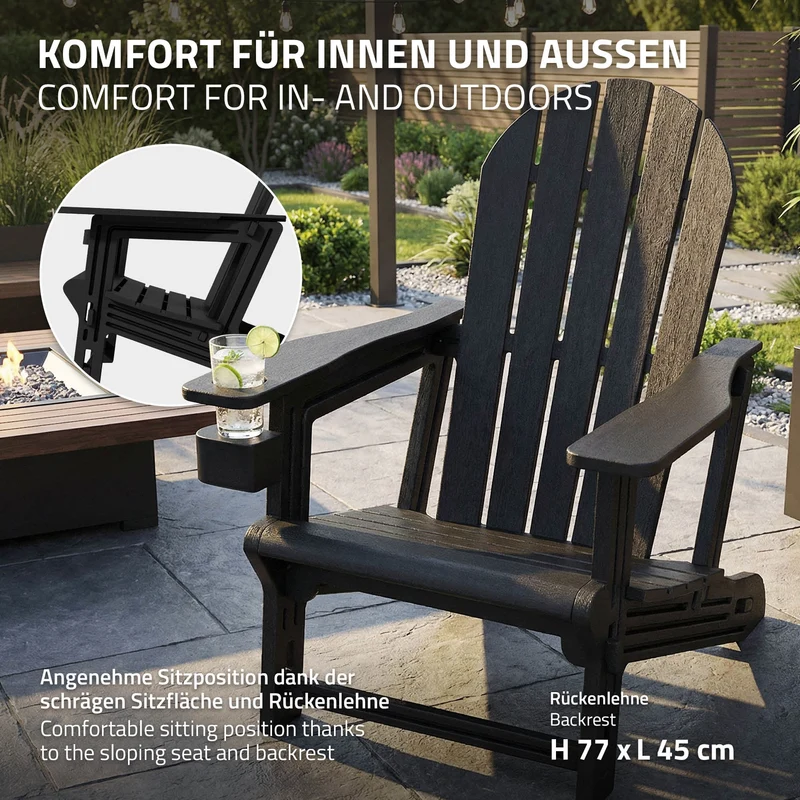 Gartenstuhl Adirondack Stuhl Sonnenstuhl wetterfest aus HDPE Kunststoff bis 180 kg Schwarz Gartensessel ML-Design