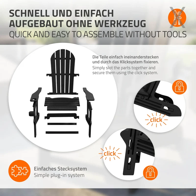 Gartenstuhl Adirondack Stuhl Sonnenstuhl wetterfest aus HDPE Kunststoff bis 180 kg Schwarz Gartensessel ML-Design