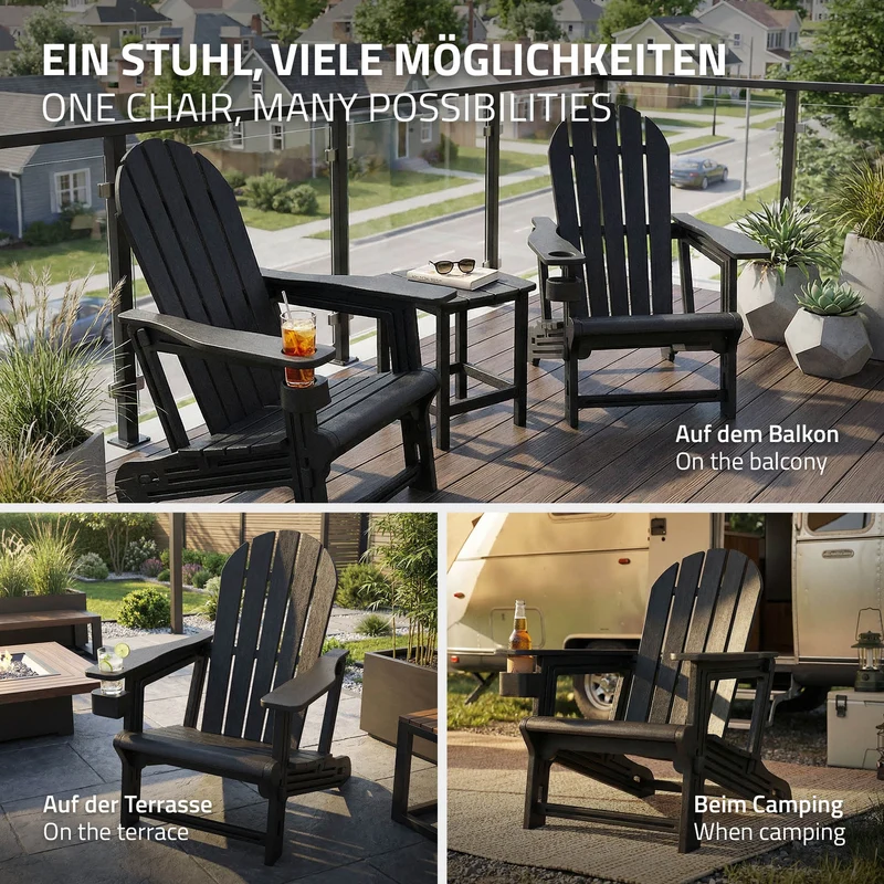 Gartenstuhl Adirondack Stuhl Sonnenstuhl wetterfest aus HDPE Kunststoff bis 180 kg Schwarz Gartensessel ML-Design