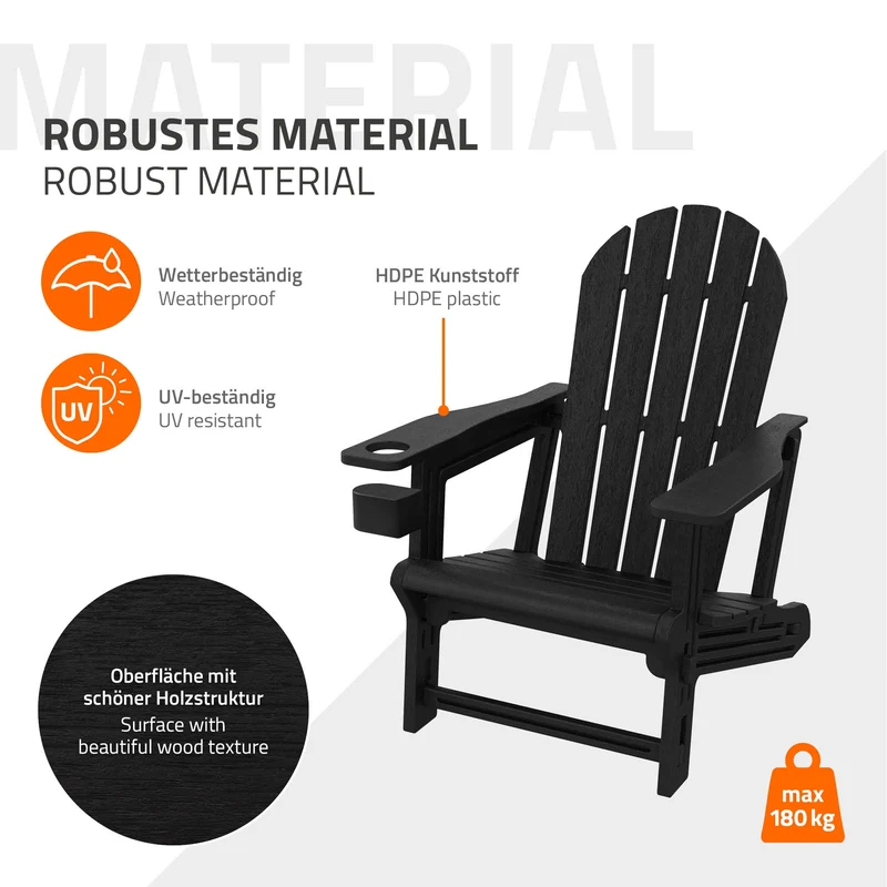 Gartenstuhl Adirondack Stuhl Sonnenstuhl wetterfest aus HDPE Kunststoff bis 180 kg Schwarz Gartensessel ML-Design