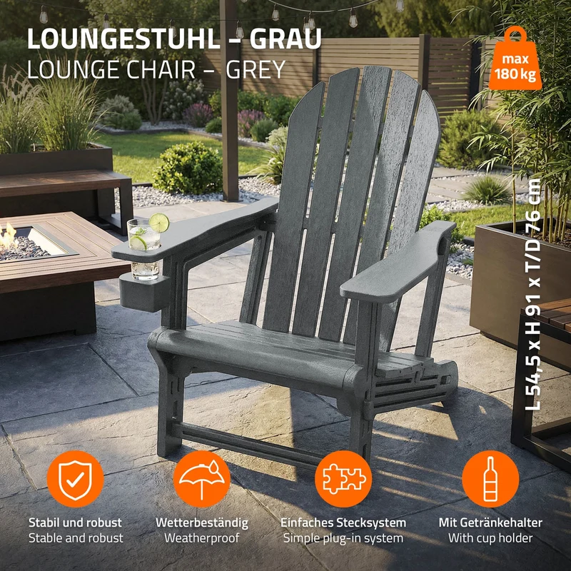 Gartenstuhl Adirondack Stuhl Sonnenstuhl wetterfest aus HDPE Kunststoff bis 180 kg Grau Gartensessel ML-Design