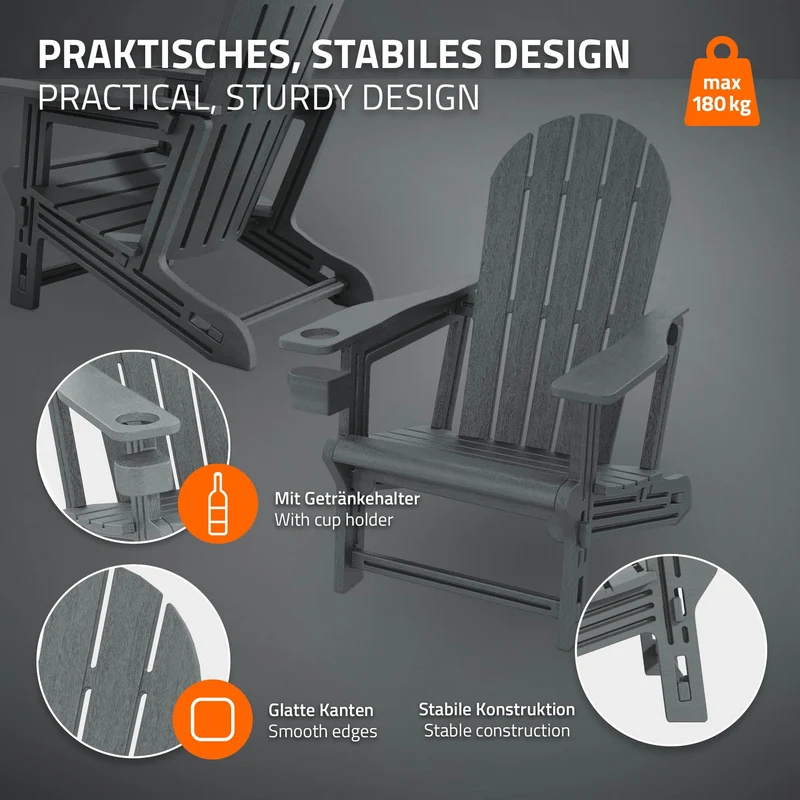 Gartenstuhl Adirondack Stuhl Sonnenstuhl wetterfest aus HDPE Kunststoff bis 180 kg Grau Gartensessel ML-Design