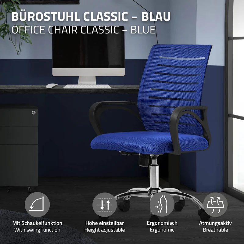 Ergonomischer Bürostuhl mit Armlehnen Netzgewebe Blau mit Rollen ML-Design