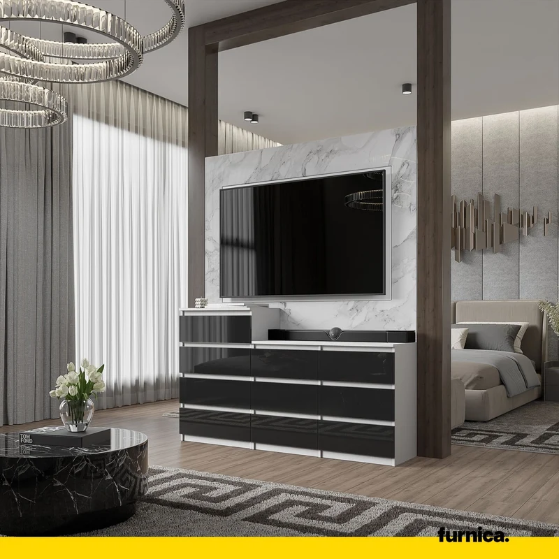 Kommode / Sideboard mit 10 Schubladen (6+4) - Weiß Matt / Schwarz Gloss H92/70cm W160cm D33cm