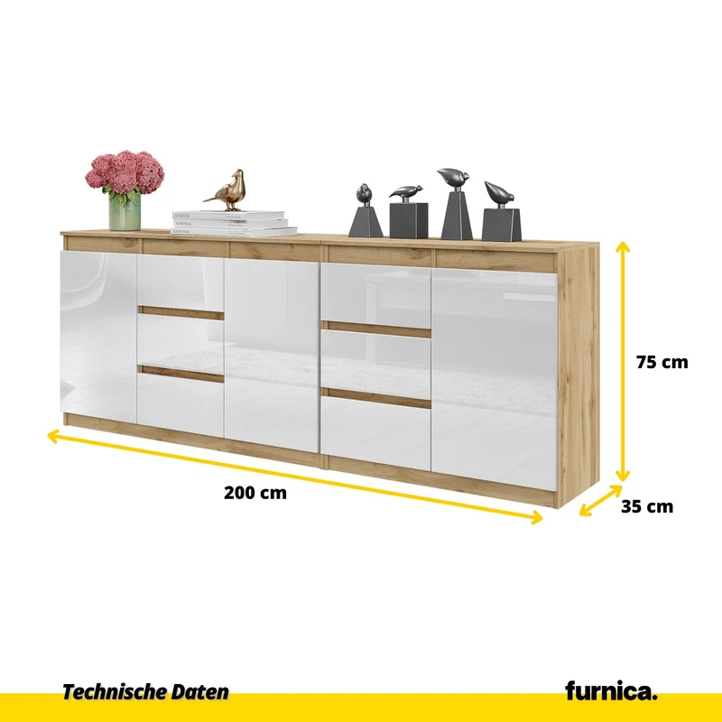 MIKEL - Kommode mit 6 Schubladen und 3 Türen - Schlafzimmer Kommode Aufbewahrung Schrank Sideboard - Wotan Eiche / Weiß Glanz H75cm B200cm T35cm