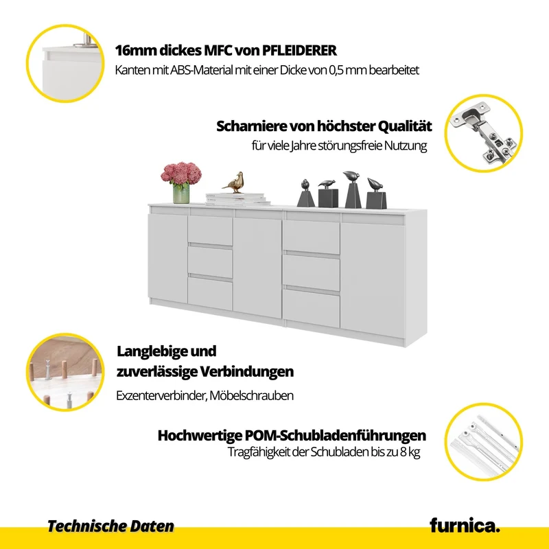 MIKEL - Kommode mit 6 Schubladen und 3 Türen - Schlafzimmer Kommode Aufbewahrung Schrank Sideboard - Wotan Eiche / Weiß Glanz H75cm B200cm T35cm