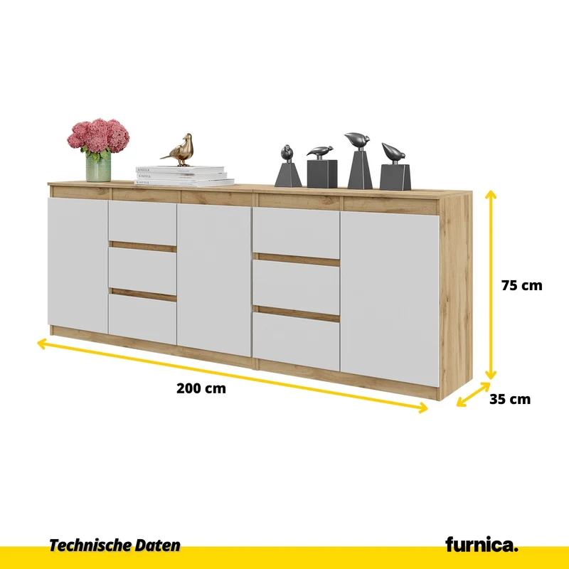 MIKEL - Kommode mit 6 Schubladen und 3 Türen - Schlafzimmer Kommode Aufbewahrung Schrank Sideboard - Wotan Eiche / Weiß Matt H75cm B200cm T35cm