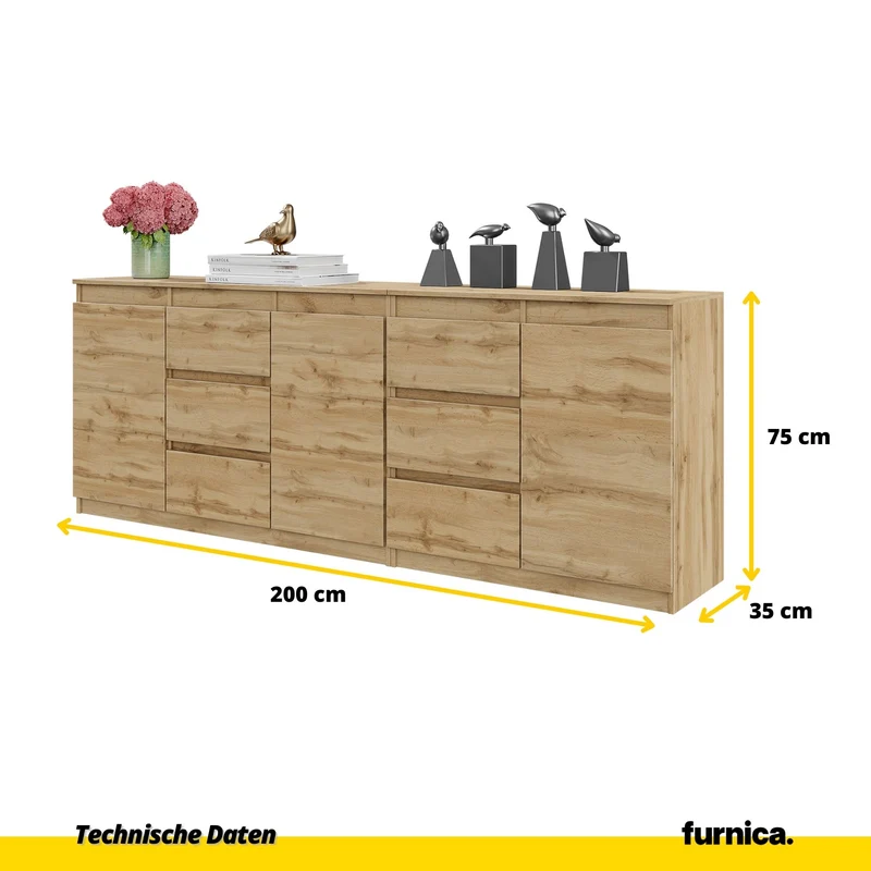 MIKEL - Kommode mit 6 Schubladen und 3 Türen - Schlafzimmer Kommode Aufbewahrung Schrank Sideboard - Wotan Eiche H75cm B200cm T35cm