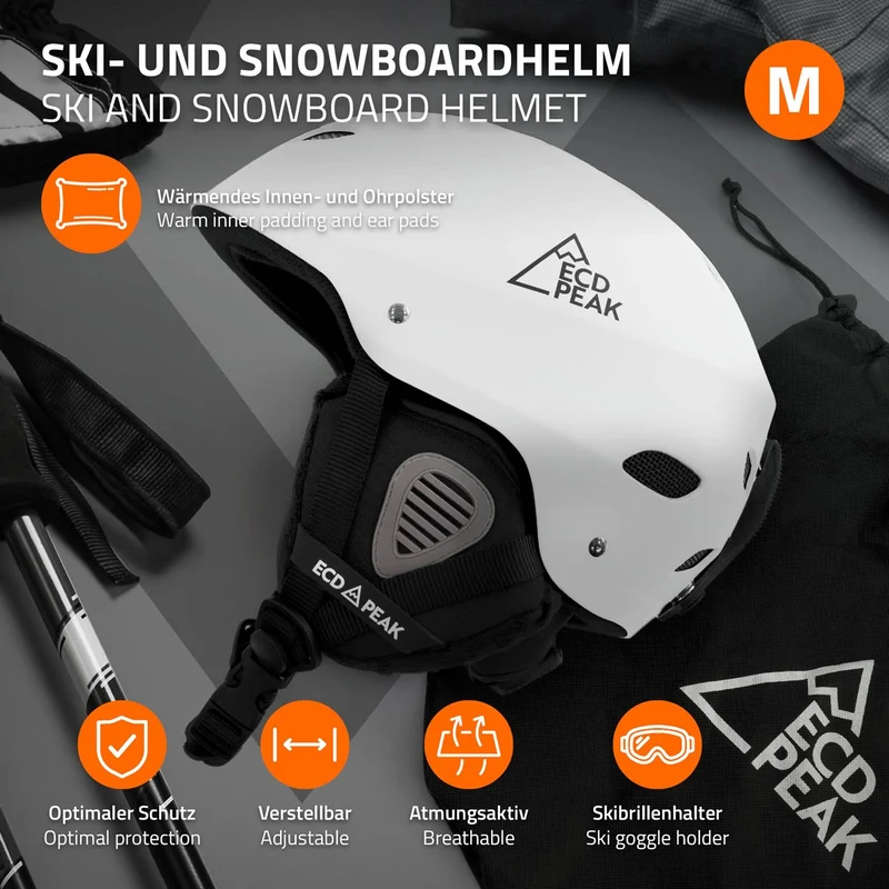 ECD Germany | Skihelm für Herren und Damen M (55-58 cm) Weiß Snowboardhelm mit Belüftungssystem & Skibrillenhalter, optimaler Schutz & Tragekomfort