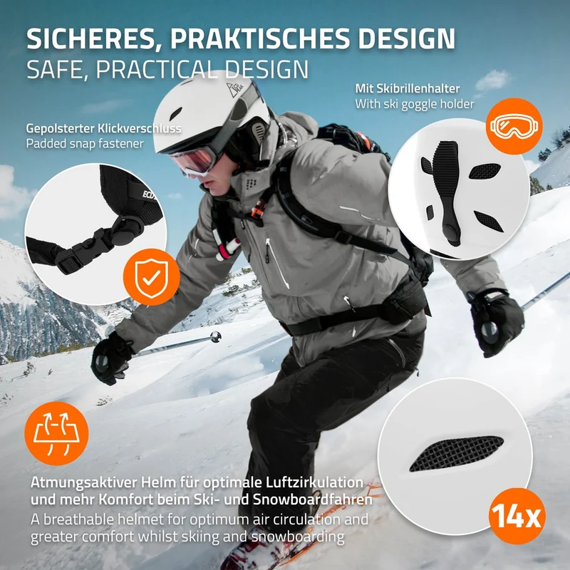 ECD Germany | Skihelm für Herren und Damen M (55-58 cm) Weiß Snowboardhelm mit Belüftungssystem & Skibrillenhalter, optimaler Schutz & Tragekomfort