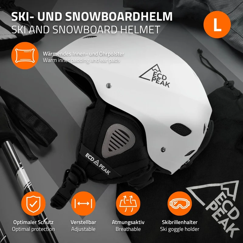 ECD Germany | Skihelm für Herren und Damen L (58-61 cm) Weiß Snowboardhelm mit Belüftungssystem & Skibrillenhalter, optimaler Schutz & Tragekomfort