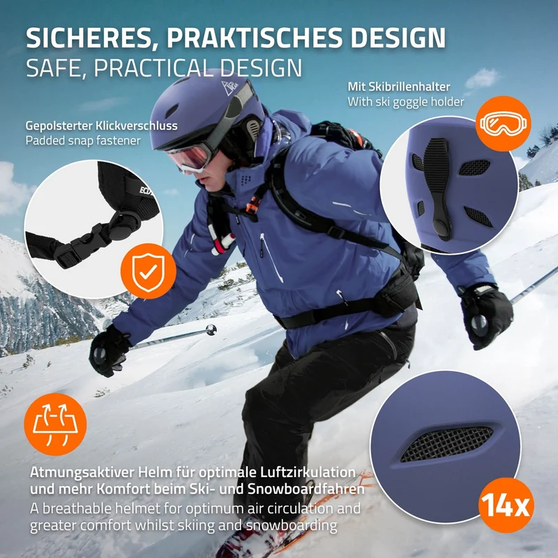 ECD Germany | Skihelm für Herren und Damen L (58-61 cm) Blau Snowboardhelm mit Belüftungssystem & Skibrillenhalter, optimaler Schutz & Tragekomfort