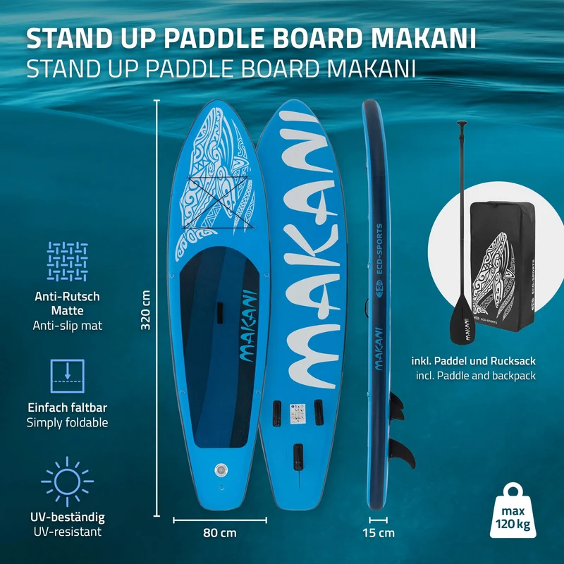Stand Up Paddle aufblasbares SUP Board Makani 320x80x15 cm aus PVC inkl. Pumpe und Tragetasche