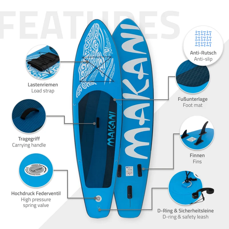 Stand Up Paddle aufblasbares SUP Board Makani 320x80x15 cm aus PVC inkl. Pumpe und Tragetasche