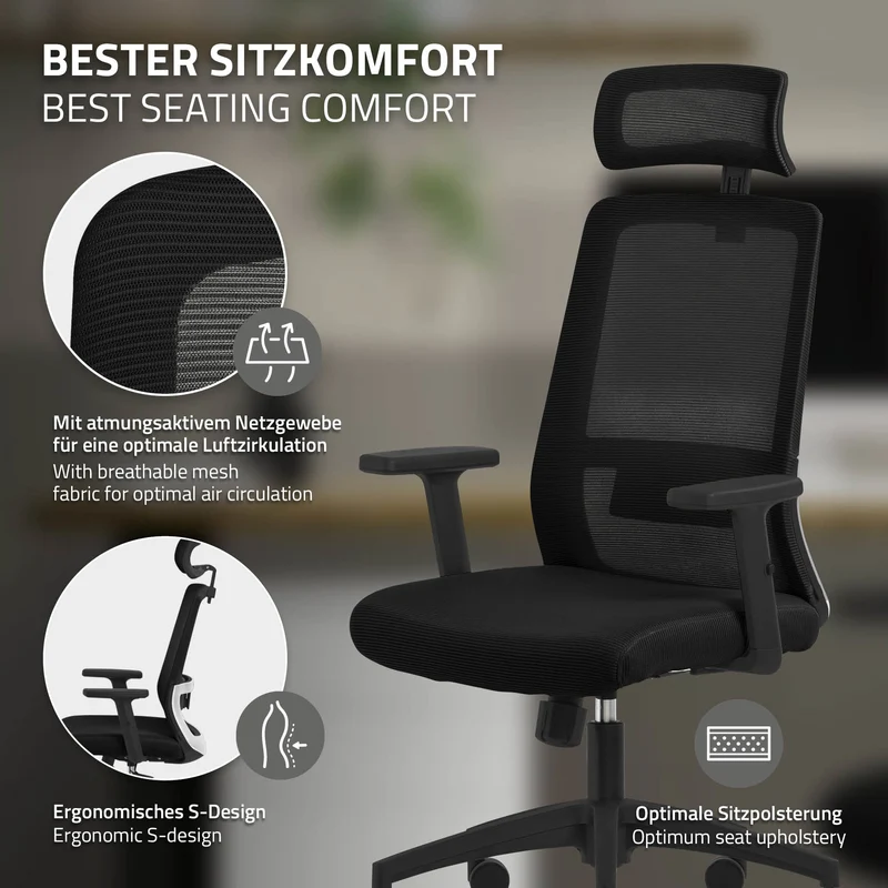 Schreibtischstuhl Surpreme Ergonomischer Bürostuhl Netzgewebe mit verstellbaren Armlehnen und Kopfstütze ML-Design