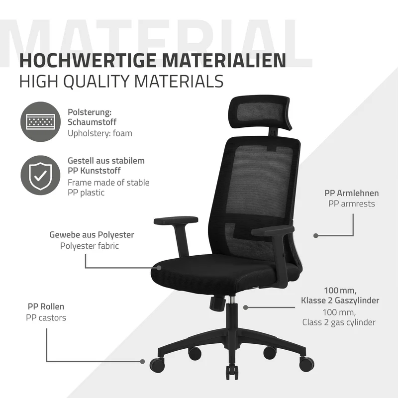 Schreibtischstuhl Surpreme Ergonomischer Bürostuhl Netzgewebe mit verstellbaren Armlehnen und Kopfstütze ML-Design