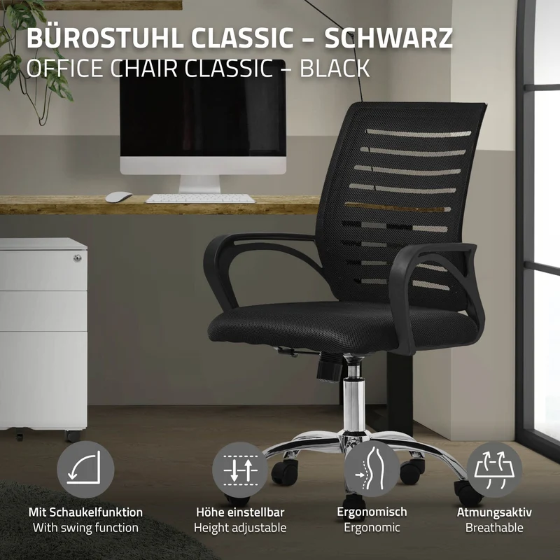 Schreibtischstuhl Classic Ergonomischer Bürostuhl mit Armlehnen Netzgewebe mit Rollen ML-Design