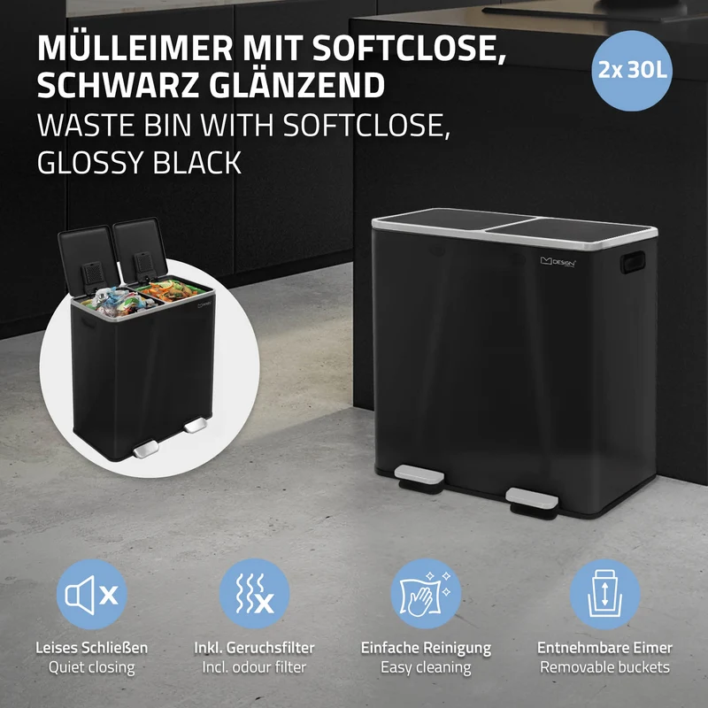 Mülleimer mit Trennsystem 2x Fächer 30L aus Stahl ML-Design