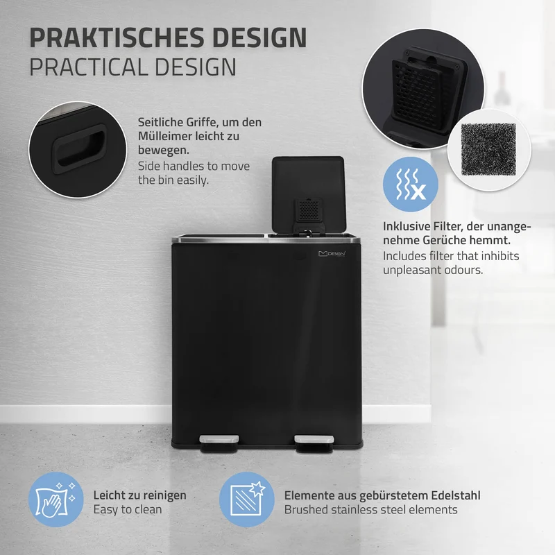 Mülleimer mit Trennsystem 2x Fächer 30L aus Stahl ML-Design