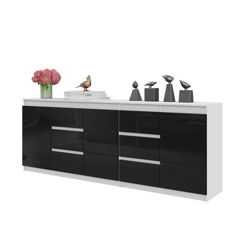 MIKEL - Kommode mit 6 Schubladen und 3 Türen - Schlafzimmer Kommode Aufbewahrungsschrank Sideboard - Weiß Matt / Schwarz Glanz H75cm B200cm T35cm