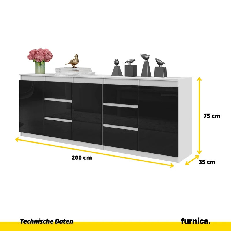 MIKEL - Kommode mit 6 Schubladen und 3 Türen - Schlafzimmer Kommode Aufbewahrungsschrank Sideboard - Weiß Matt / Schwarz Glanz H75cm B200cm T35cm