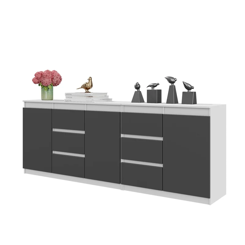 MIKEL - Kommode mit 6 Schubladen und 3 Türen - Schlafzimmer Kommode Aufbewahrung Schrank Sideboard - Weiß Matt / Anthrazit H75cm B200cm T35cm