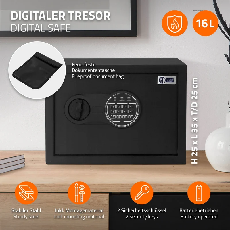 Safe Tresor aus Stahl mit Elektronikschloss und Notschlüsseln Rundbolzenverschluss
