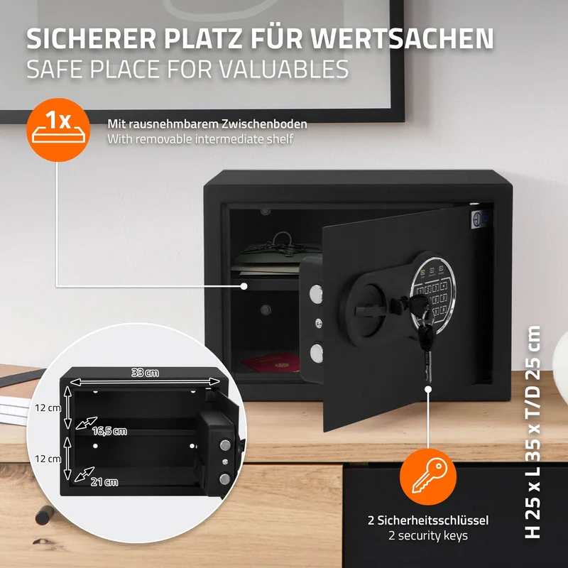Safe Tresor aus Stahl mit Elektronikschloss und Notschlüsseln Rundbolzenverschluss