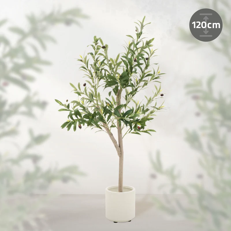 Künstlicher Olivenbaum Kunstpflanze mit Naturholzstamm und Früchten ML-Design