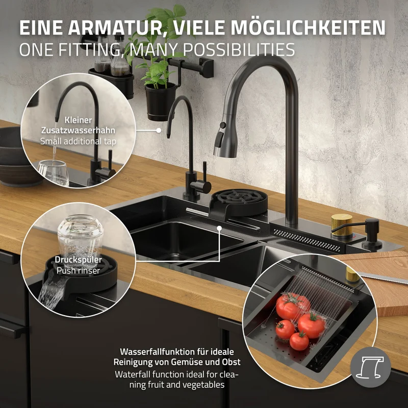Einbauspülbecken mit Wasserhahn 8 teiliges Zubehör verschiedene Größen aus Edelstahl in Anthrazit