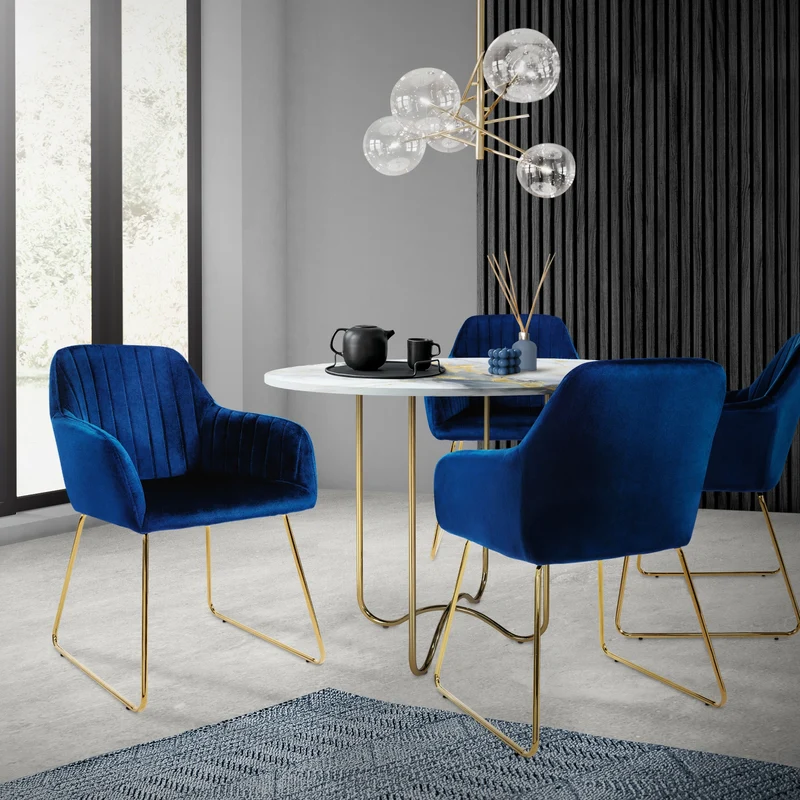 Esszimmerstuhl 6er Set Linierte Steppung mit Rücken- und Armlehnen Blau Küchenstuhl mit Microfaser-Samtbezug & goldene Metallbeine ML-Design