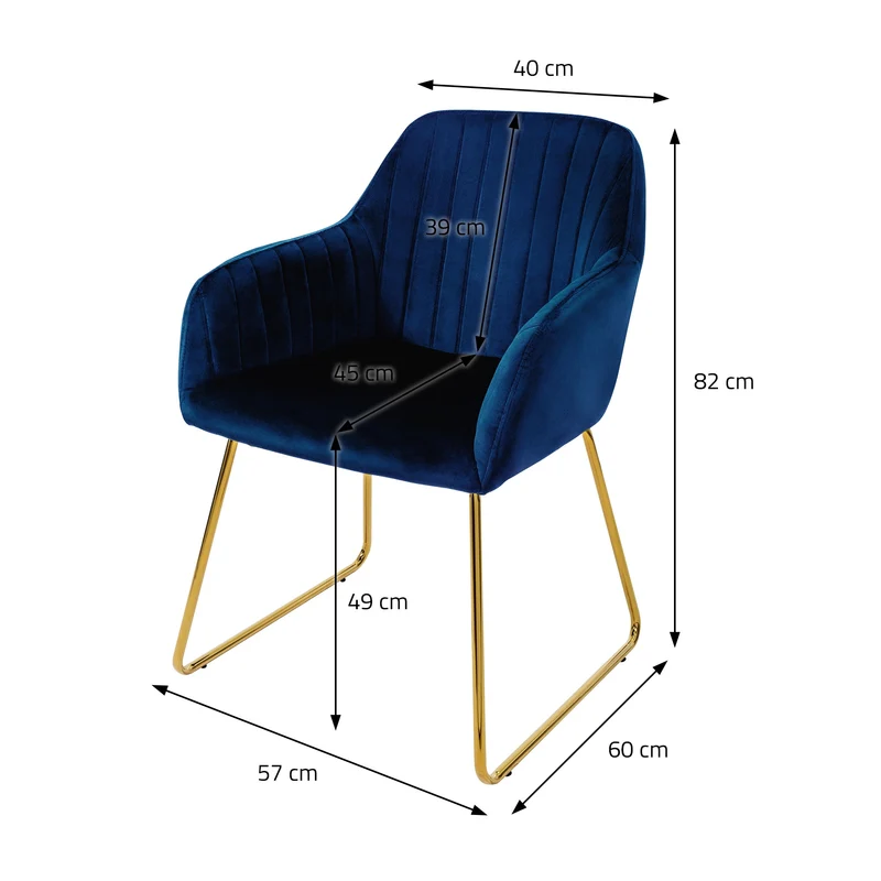 Esszimmerstuhl 4er Set Linierte Steppung mit Rücken- und Armlehnen Blau Küchenstuhl mit Microfaser-Samtbezug & goldenen Metallbeinen ML-Design