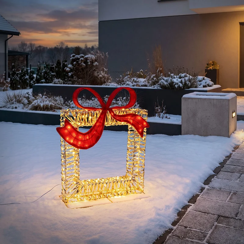 ECD Germany | LED Geschenkbox Weihnachten mit Schleife, 58x63 cm, 500 LEDs Warmweiß, Weihnachtsdeko mit Timer, Innen/Außen IP44 Weihnachtsbeleuchtung