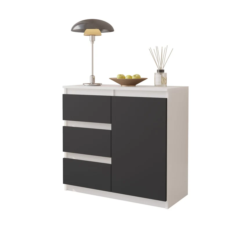 MIKEL - Kommode / Sideboard mit 3 Schubladen und 1 Tür - Weiß Matt / Anthrazit Grau H75cm B80cm T35cm