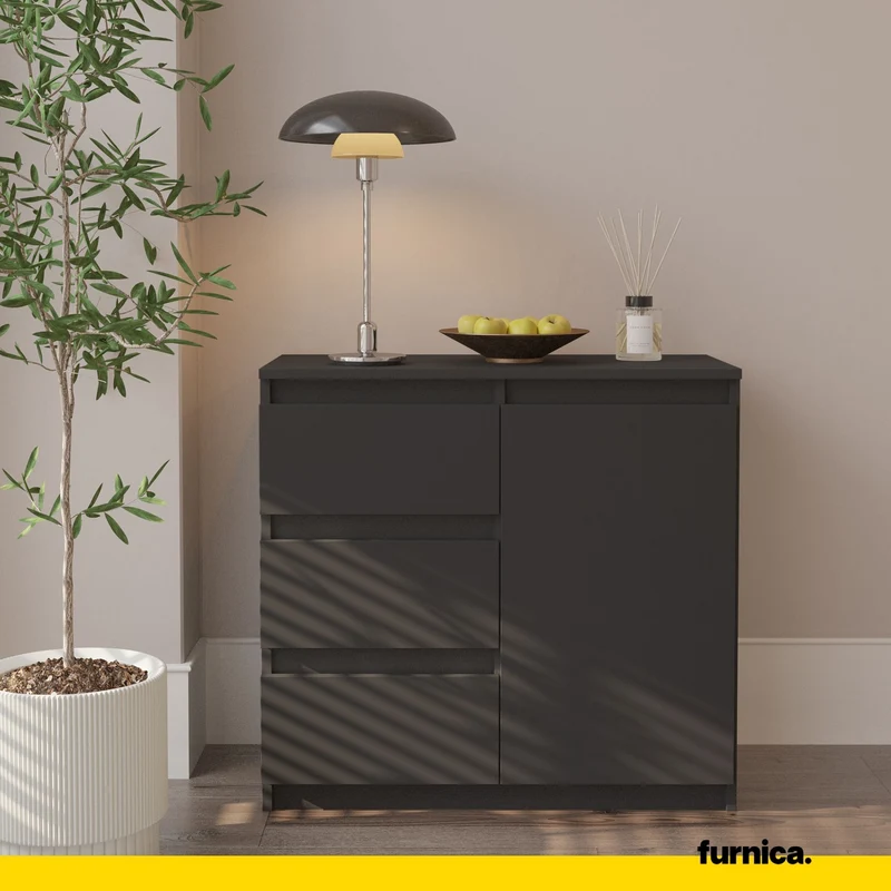 MIKEL - Kommode / Sideboard mit 3 Schubladen und 1 Tür - Anthrazit Grau H75cm B80cm T35cm