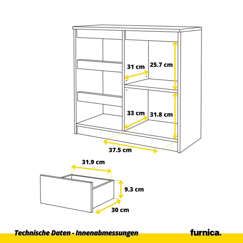 MIKEL - Kommode / Sideboard mit 3 Schubladen und 1 Tür - Anthrazit Grau / Wotan Eiche H75cm B80cm T35cm