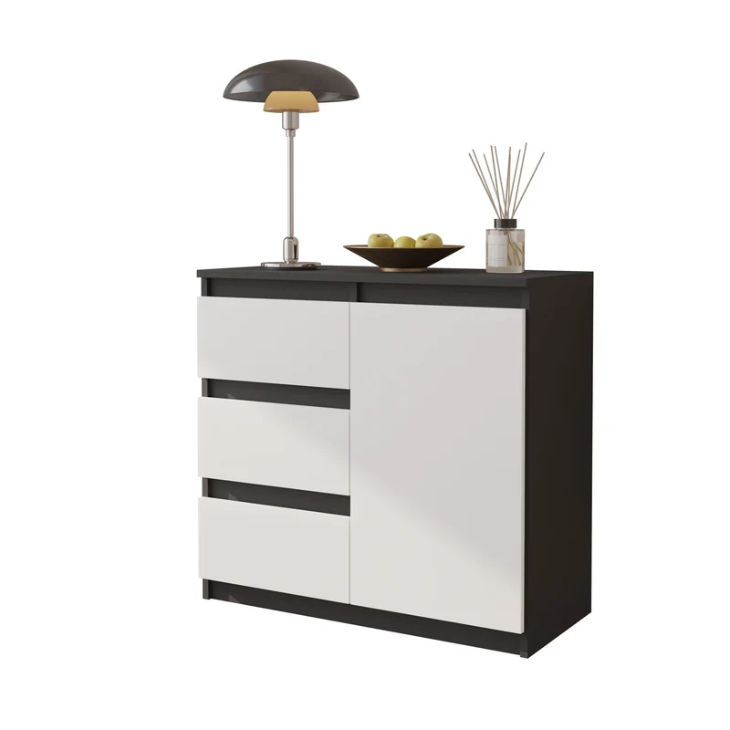 MIKEL - Kommode / Sideboard mit 3 Schubladen und 1 Tür - Anthrazit Grau / Weiß Matt H75cm B80cm T35cm