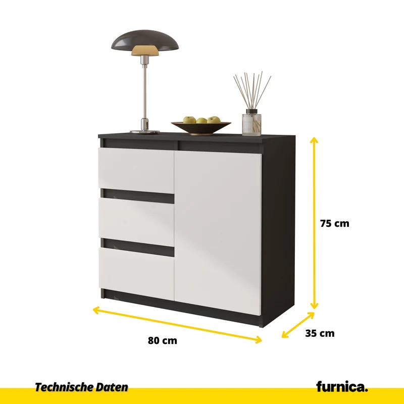 MIKEL - Kommode / Sideboard mit 3 Schubladen und 1 Tür - Anthrazit Grau / Weiß Matt H75cm B80cm T35cm