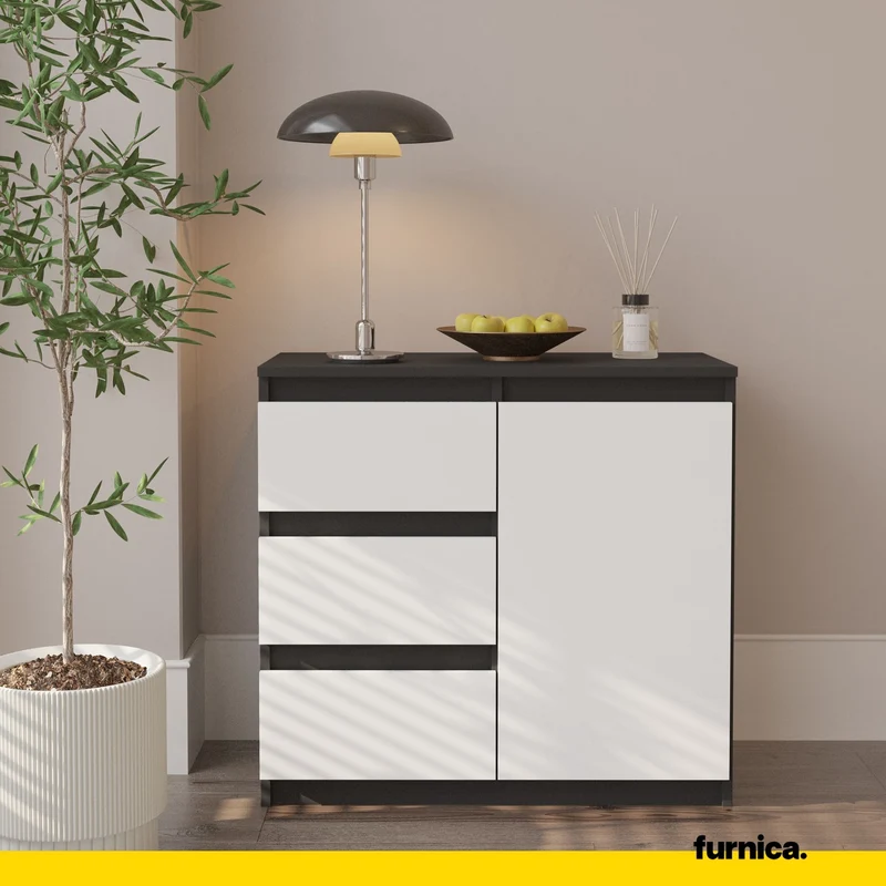 MIKEL - Kommode / Sideboard mit 3 Schubladen und 1 Tür - Anthrazit Grau / Weiß Matt H75cm B80cm T35cm