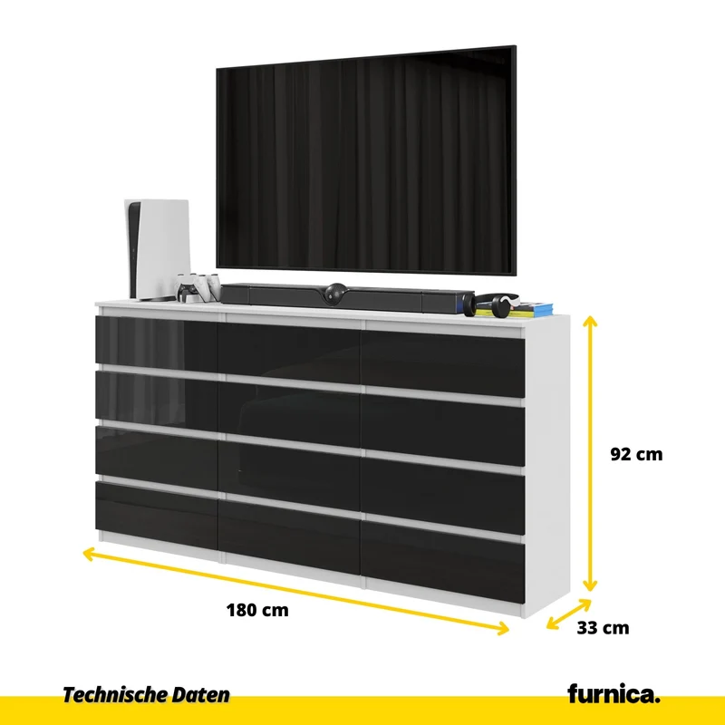 GABRIEL - Kommode / Sideboard mit 12 Schubladen (8+4) - Weiß Matt / Schwarz Gloss H92cm B180cm T33cm