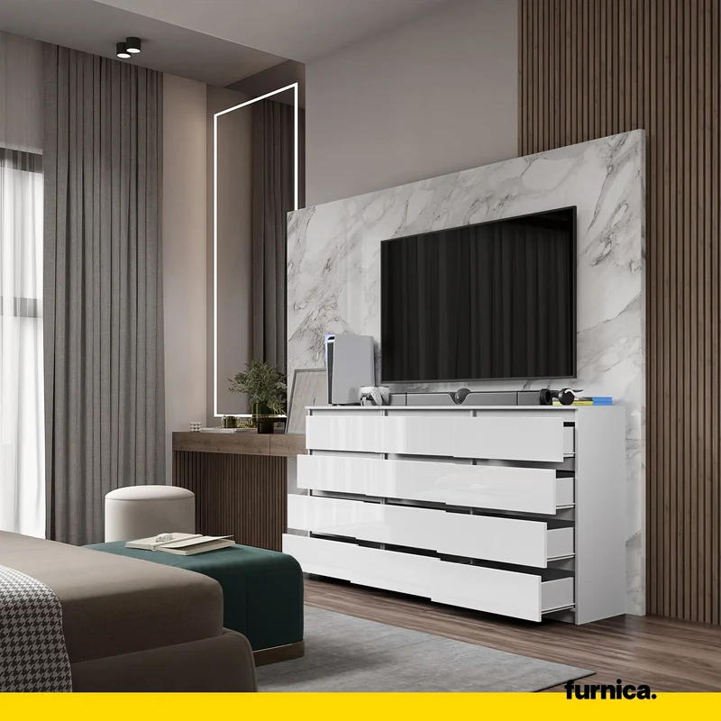 GABRIEL - Kommode / Sideboard mit 12 Schubladen (8+4) - Weißglanz H92cm B180cm T33cm