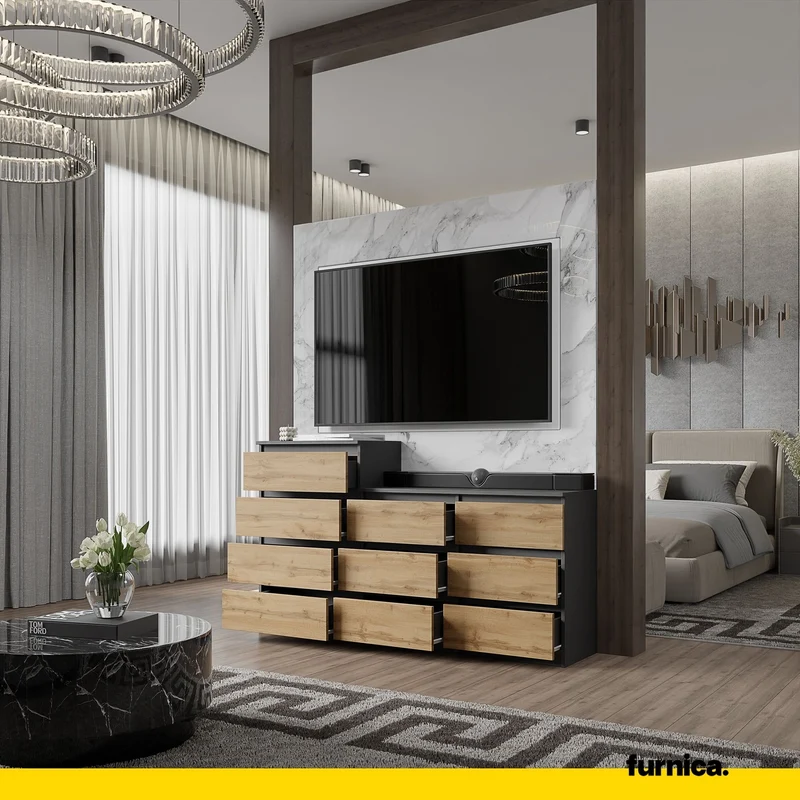 GABRIEL - Kommode / Sideboard mit 10 Schubladen (6+4) - Anthrazit Grau / Wotan Eiche H92/70cm B160cm T33cm