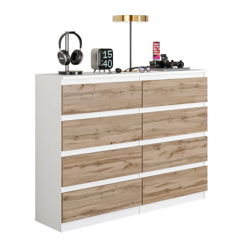 GABRIEL - Kommode / Sideboard mit 8 Schubladen - Weiß Matt / Wotan Eiche H92cm B120cm T33cm